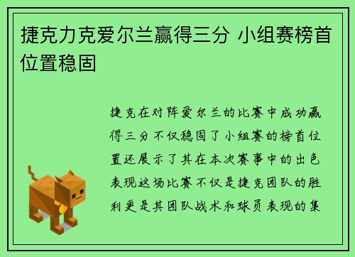 捷克力克爱尔兰赢得三分 小组赛榜首位置稳固