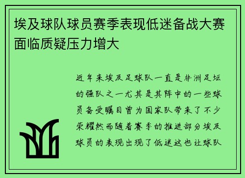 埃及球队球员赛季表现低迷备战大赛面临质疑压力增大