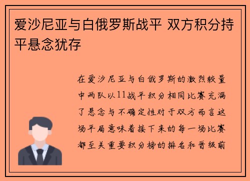 爱沙尼亚与白俄罗斯战平 双方积分持平悬念犹存