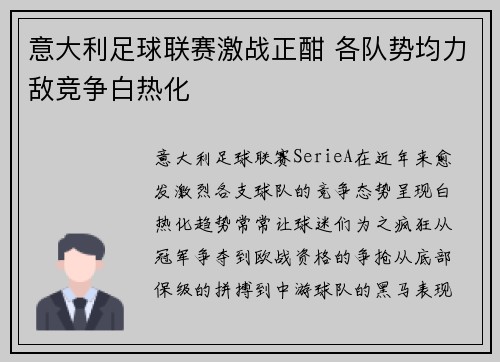 意大利足球联赛激战正酣 各队势均力敌竞争白热化