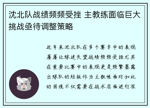 沈北队战绩频频受挫 主教练面临巨大挑战亟待调整策略